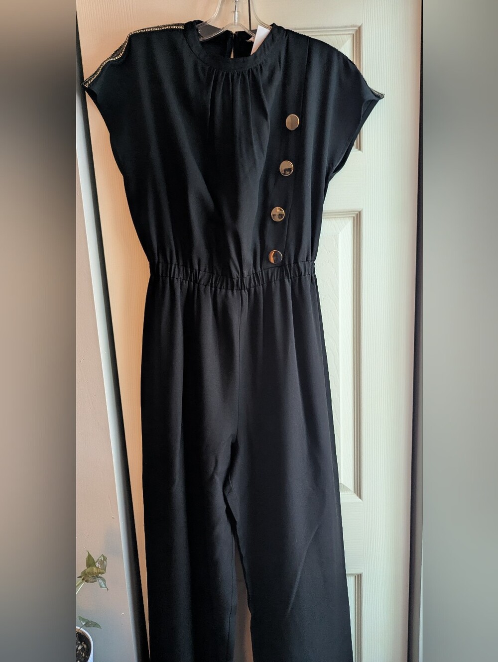 Midori Black Short Sleeve Jumpsuit with Buttons and Shoulder Lace Detail